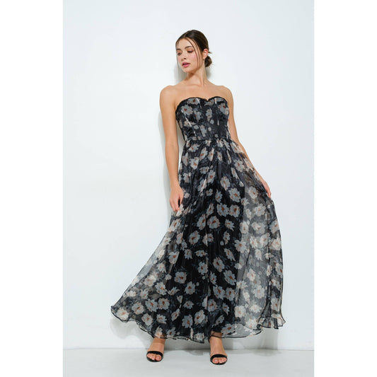 Strapless Floral Maxi Dress with Corset Bodice