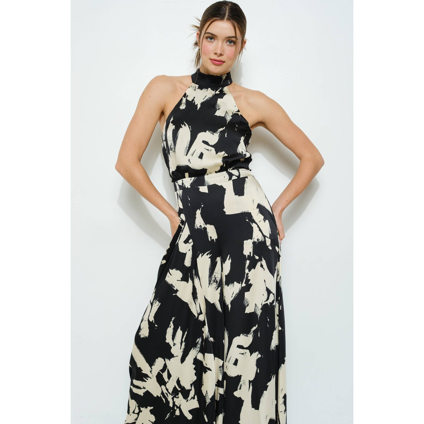 Abstract Print Halter Neck Wide-Leg Jumpsuit