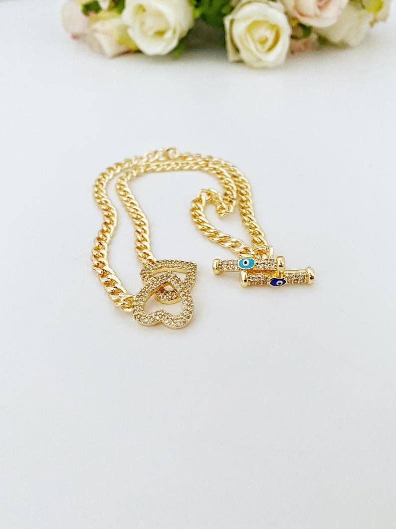 Evil Eye Toggle Bracelet, Gold Chain Bracelet, Heart Charm Bracelet