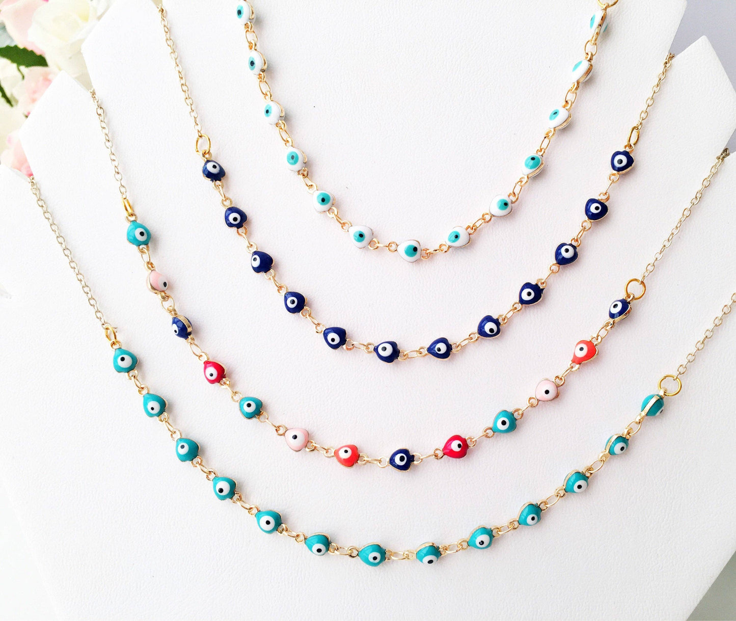 Evil Eye Necklace, Evil Eye Bead Necklace, Tiny Evil Eye Charms, Blue Evil Eye Necklace