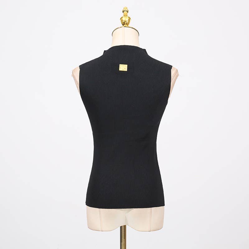 High Neck Sleeveless Vest with Keyhole Accent