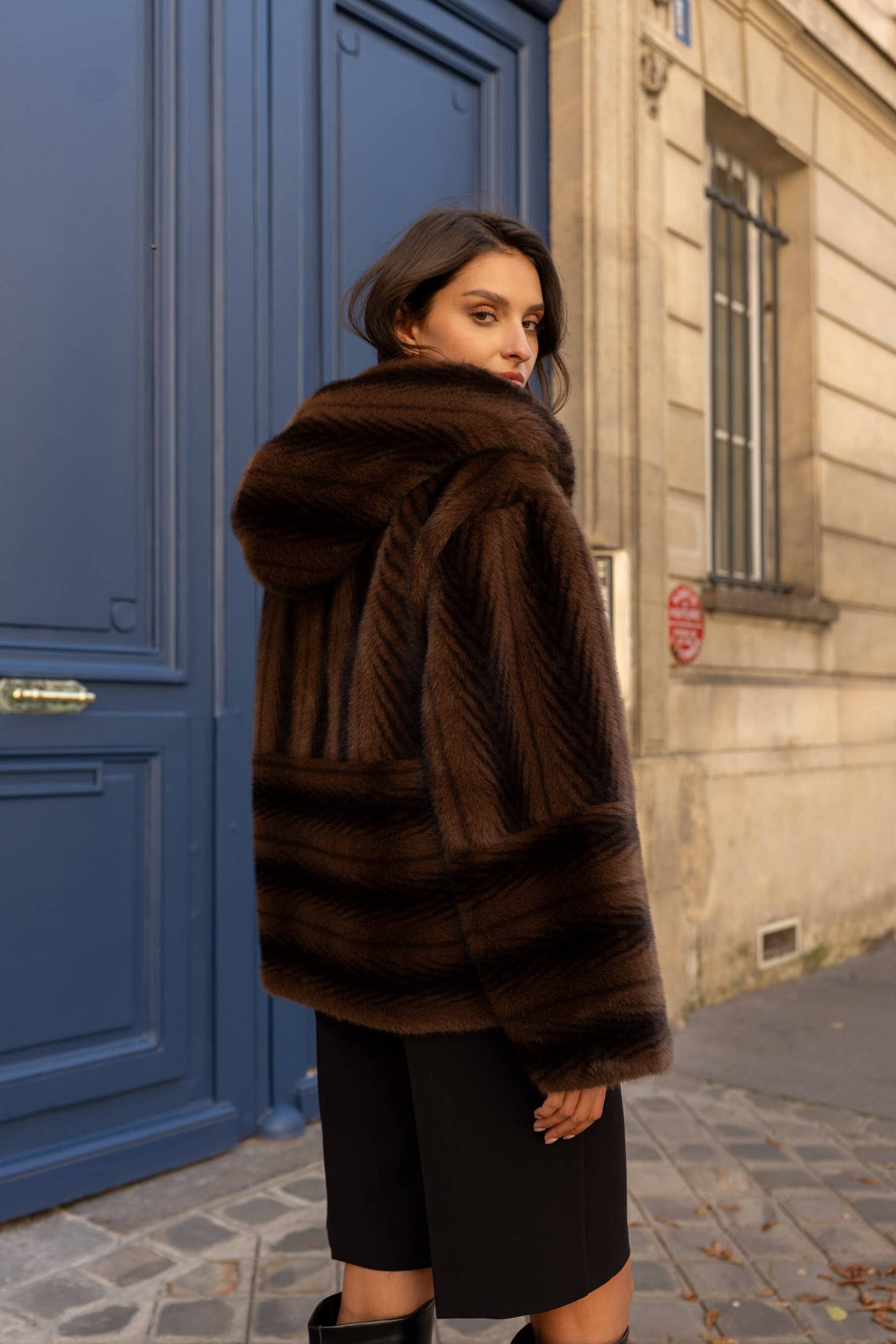 Short Vegan Fur Coat with Herringbone Pattern and Hood