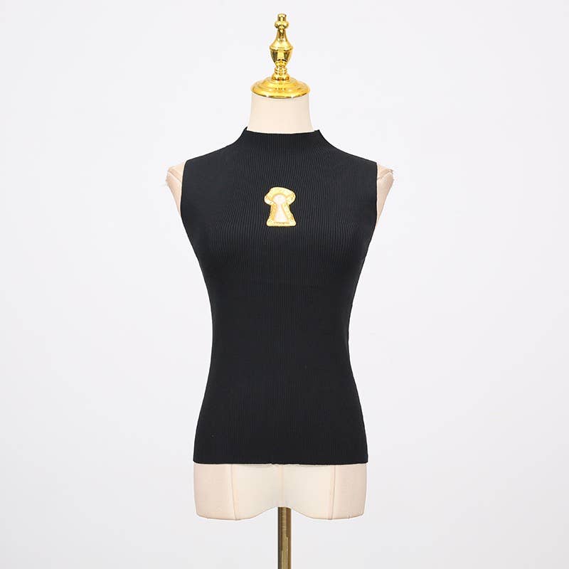 High Neck Sleeveless Vest with Keyhole Accent
