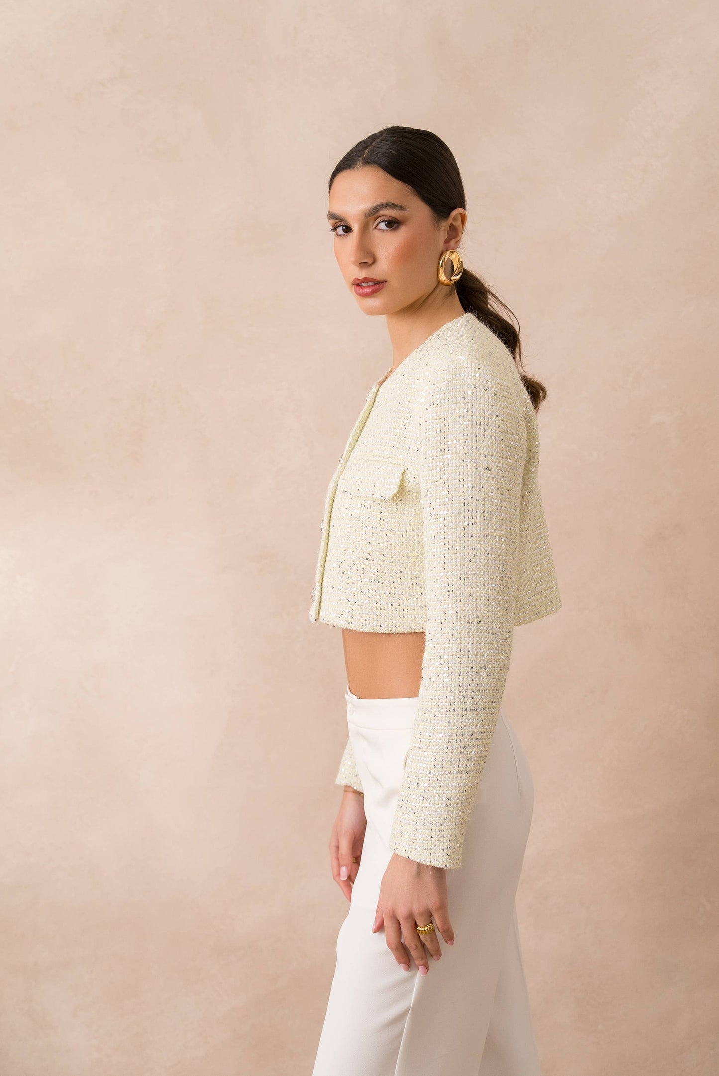 Short sequin tweed collarless jacket