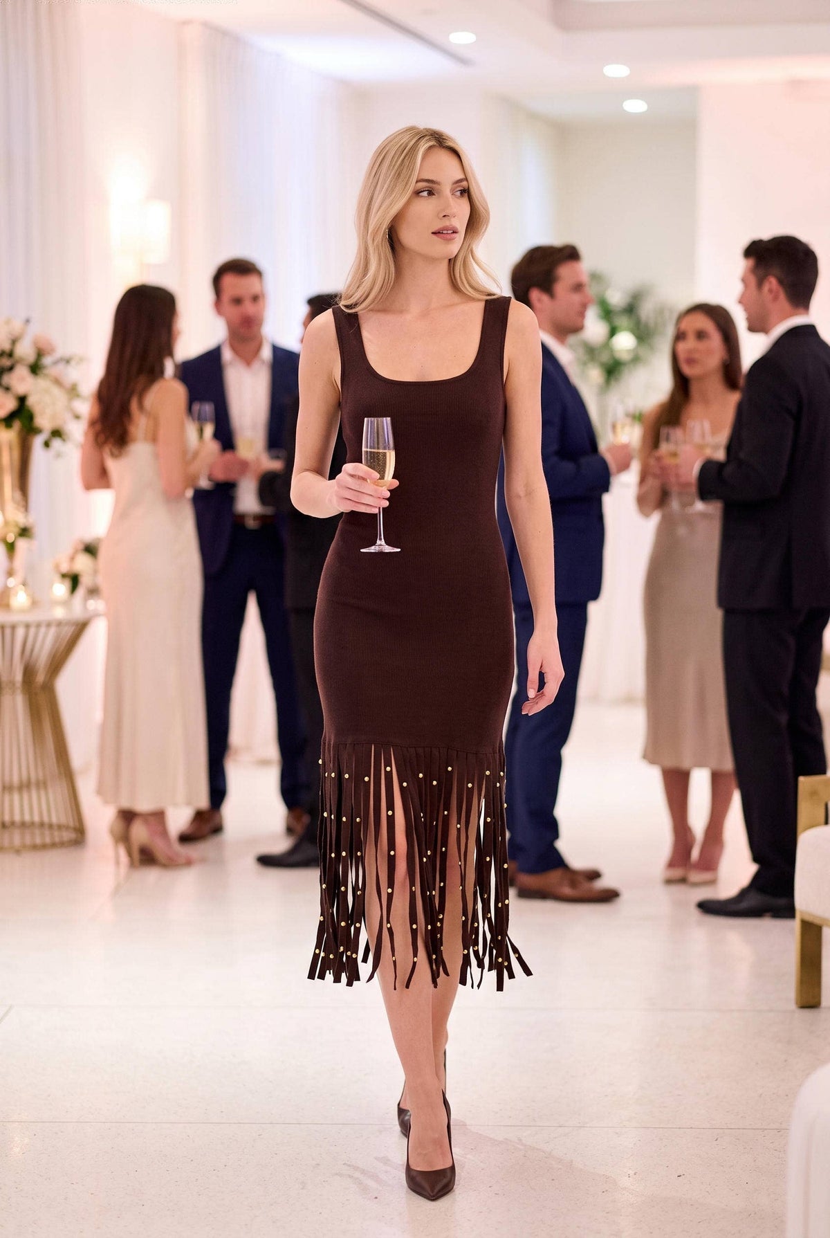 Stretch Knit Fringe Midi Sweater Dress