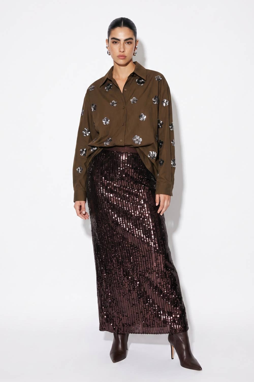 Sequin Floral Embellished Button-Down Shirt