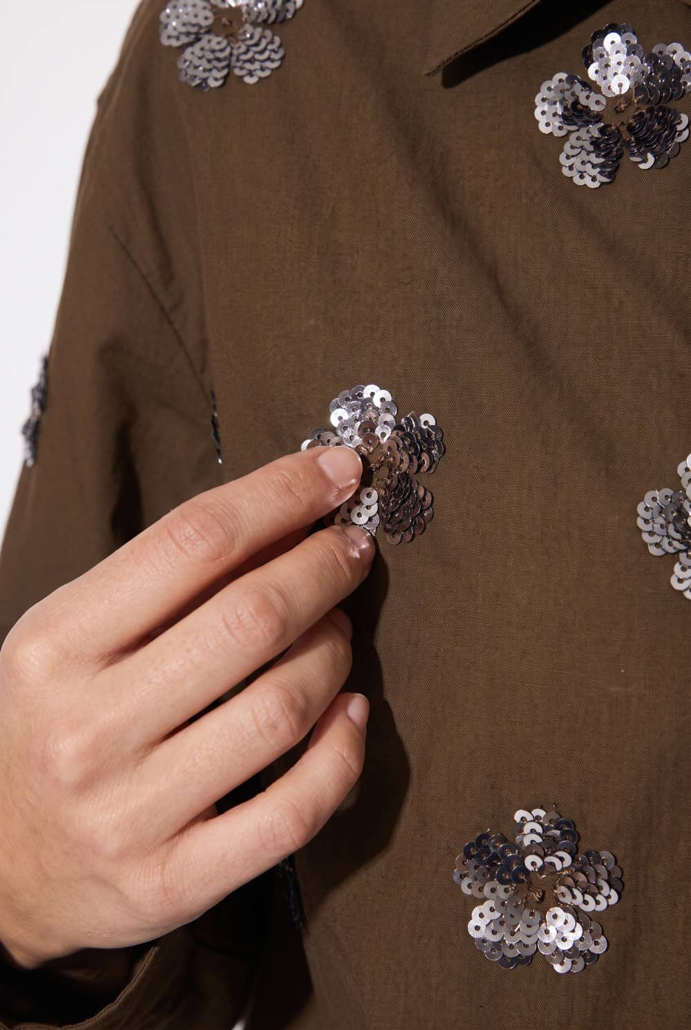 Sequin Floral Embellished Button-Down Shirt