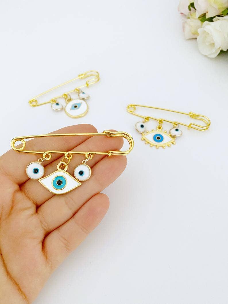 Evil Eye Handmade Safety Pin, Gold Safety Pin for Protection