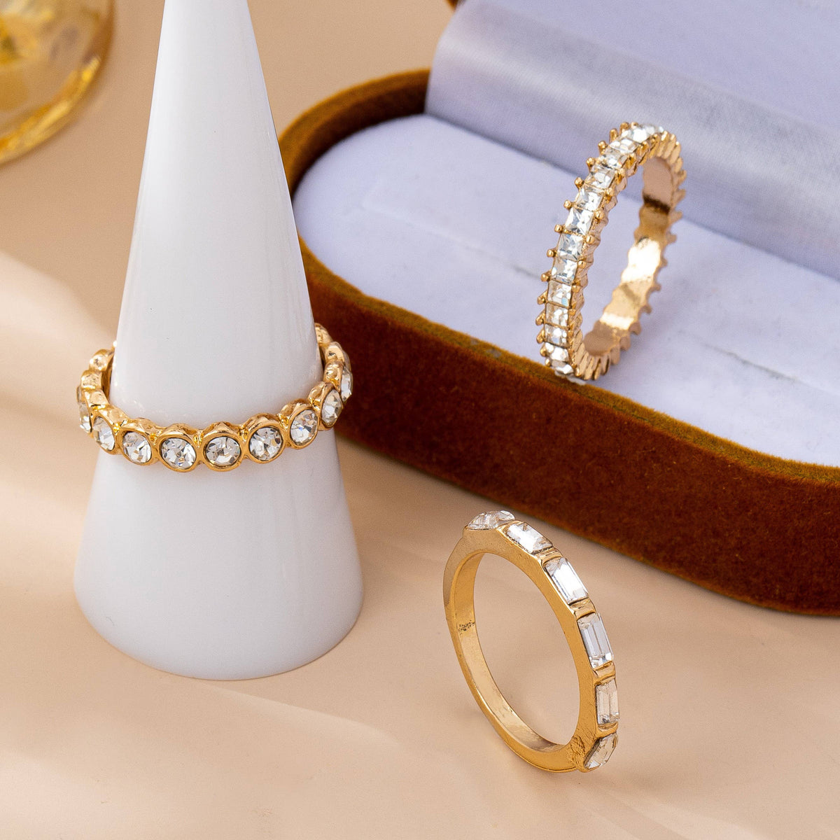 L'Atelier Collection Gold-Tone Triple Crystal Stacking Ring Set