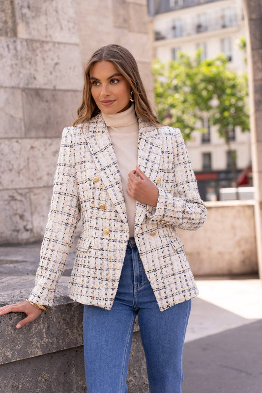 Checked tweed double-breasted fitted blazer jacket