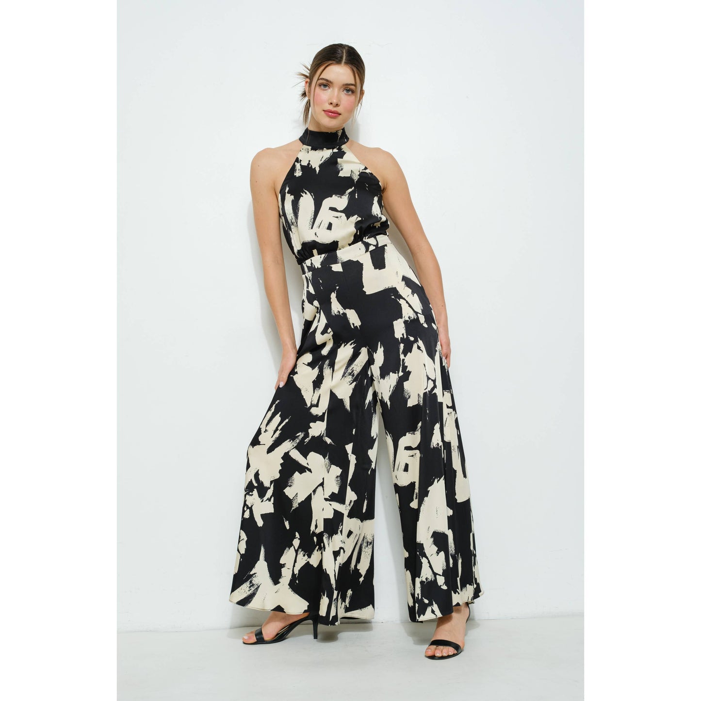 Abstract Print Halter Neck Wide-Leg Jumpsuit