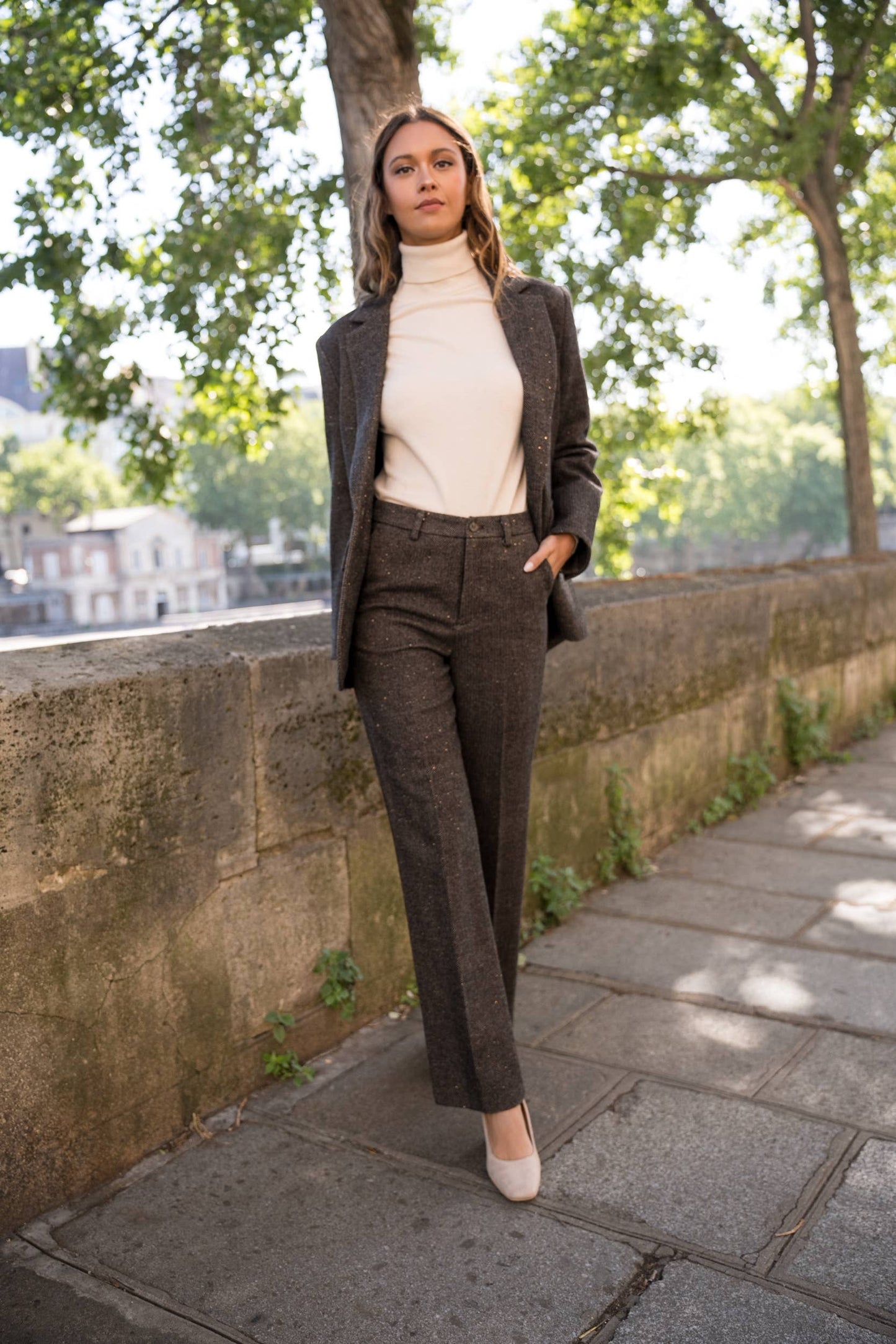 Straight Long Trousers in Herringbone Wool Blend