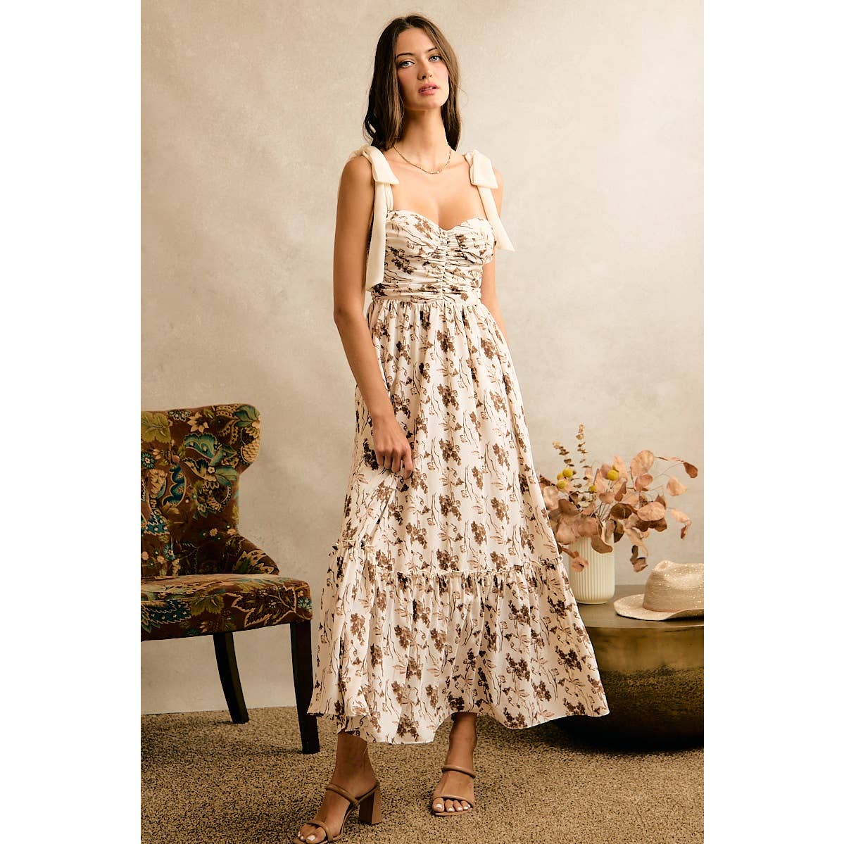 Floral Print Ribbon Strap Bustier Dress
