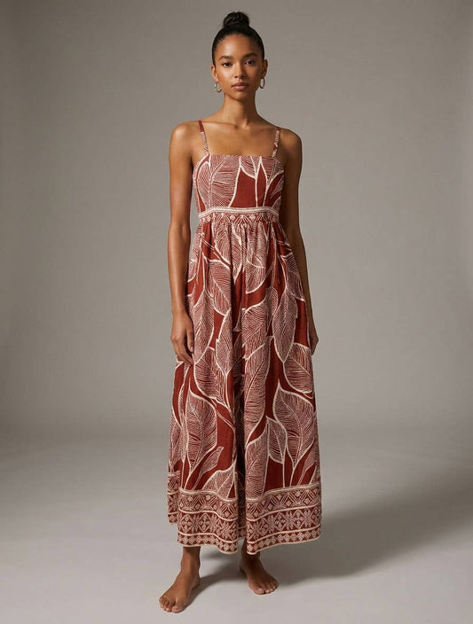 Meet Me In Santorini Rust Leaf Code Maxi Dress