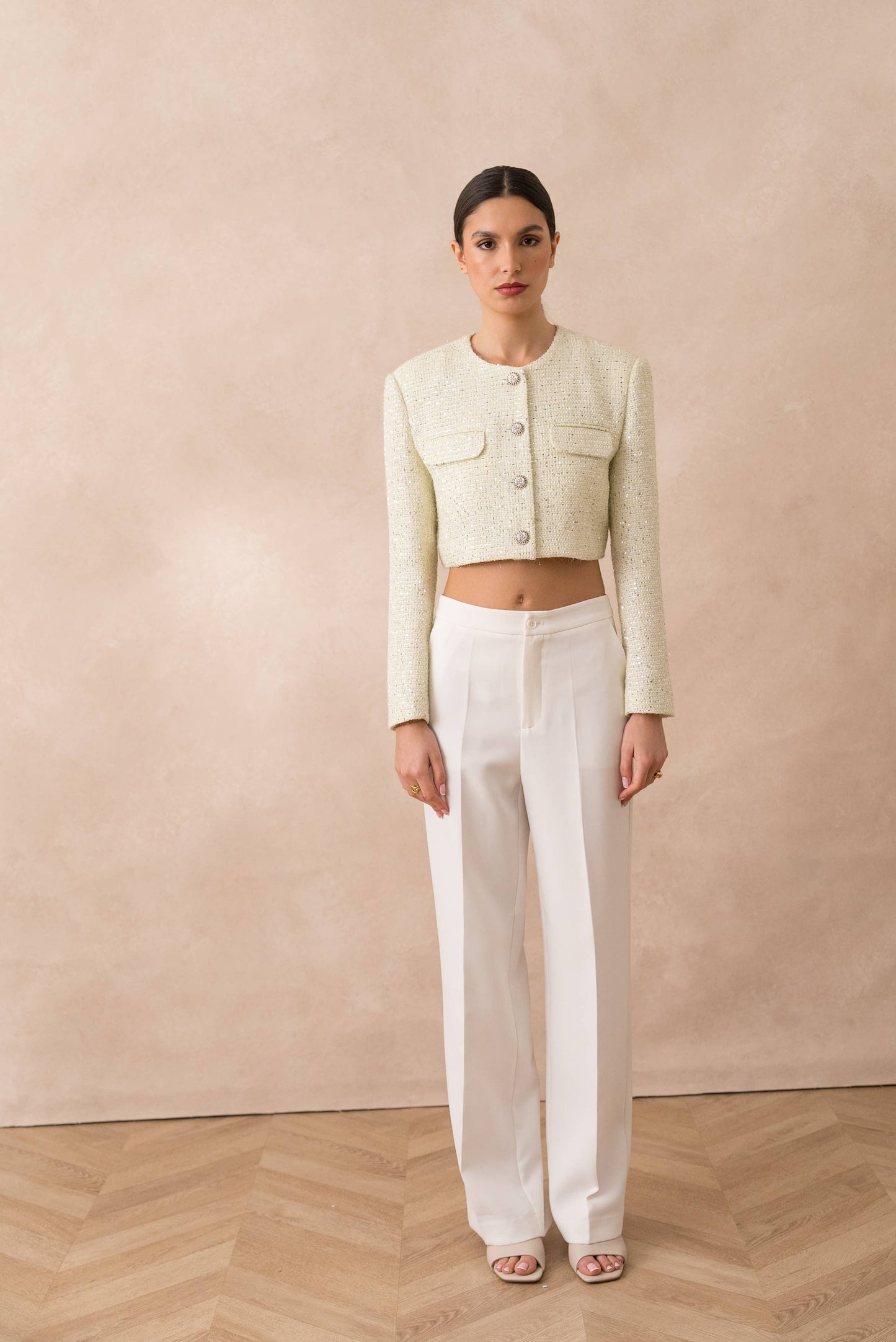 Short sequin tweed collarless jacket