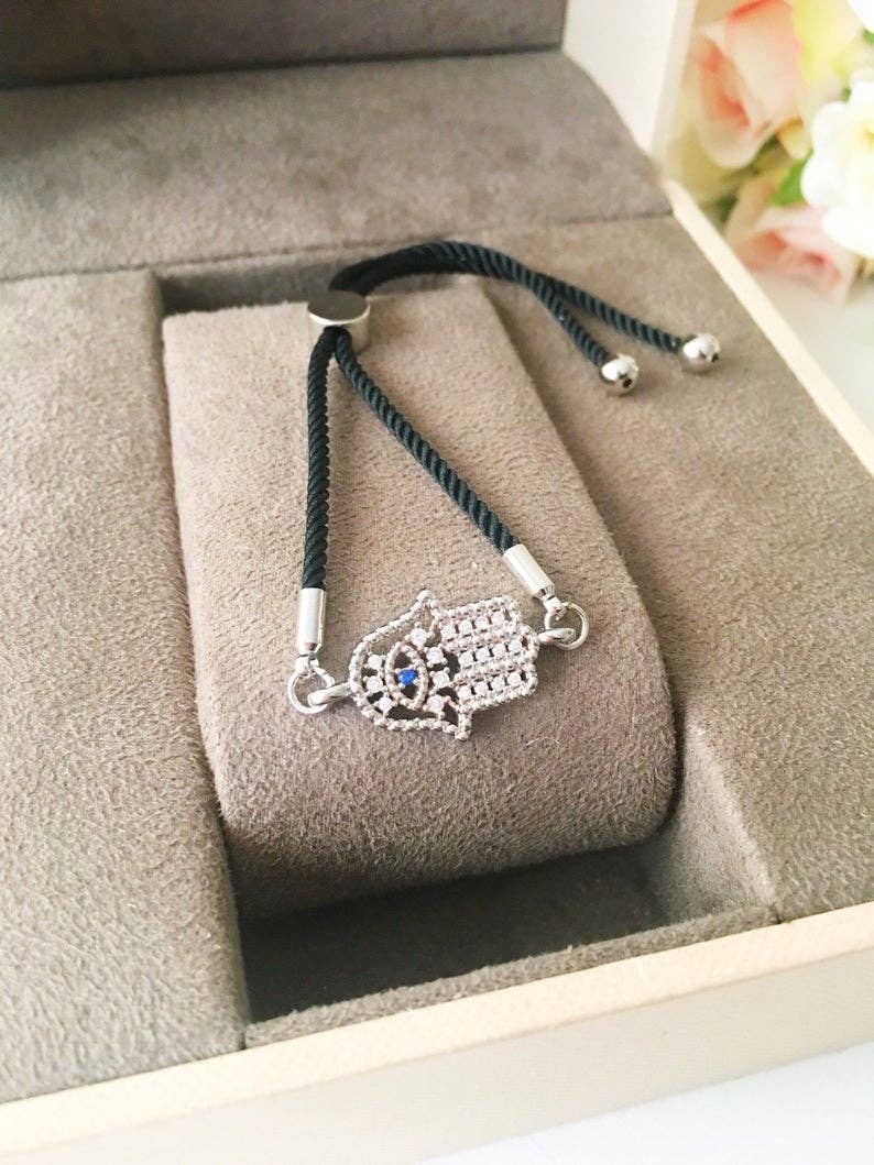 Hamsa Hand Bracelet, Adjustable Black String Bracelet, Rose Gold Silver