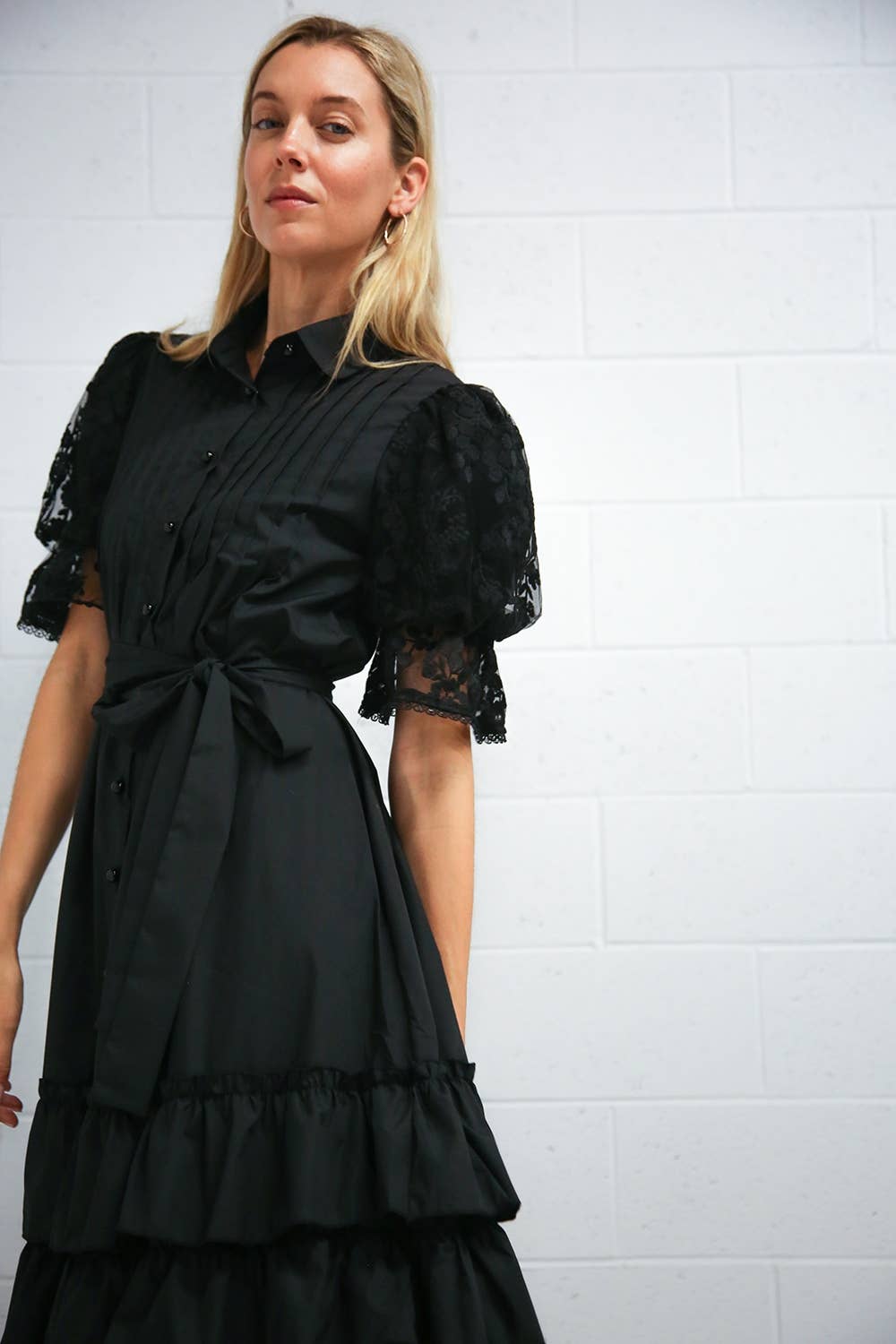 Mixed-Media Lace Tiered Shirt Dress