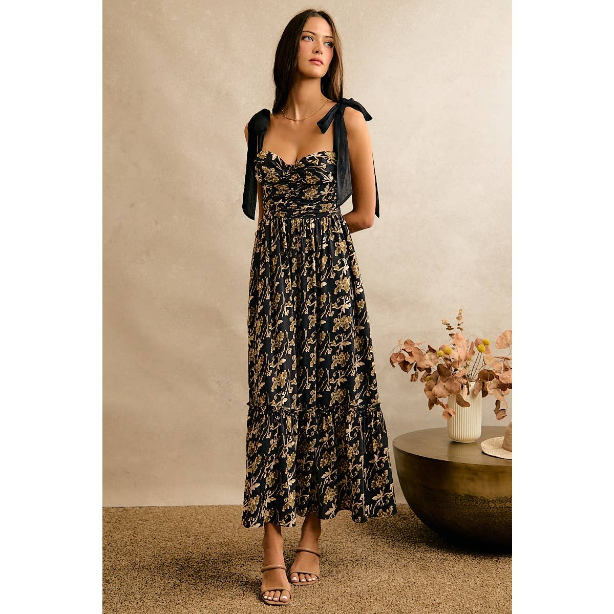 Floral Print Ribbon Strap Bustier Dress