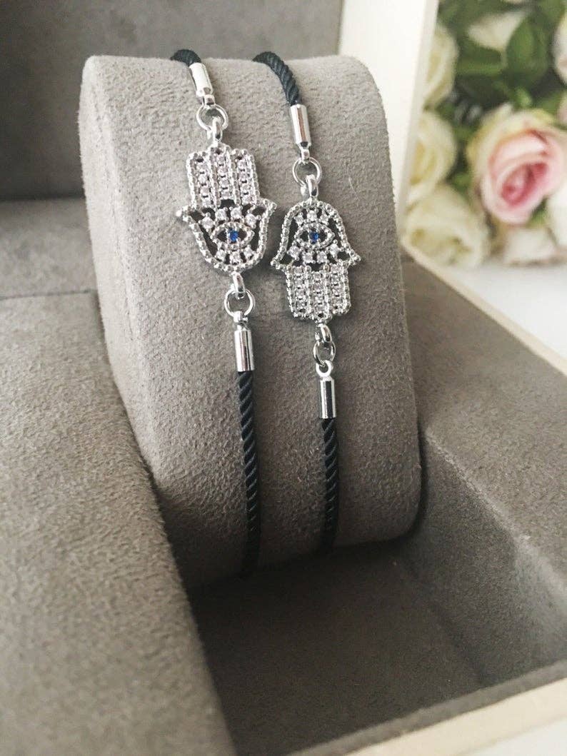 Hamsa Hand Bracelet, Adjustable Black String Bracelet, Rose Gold Silver