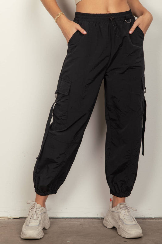 Elastic Waist Solid Woven Cargo Pants