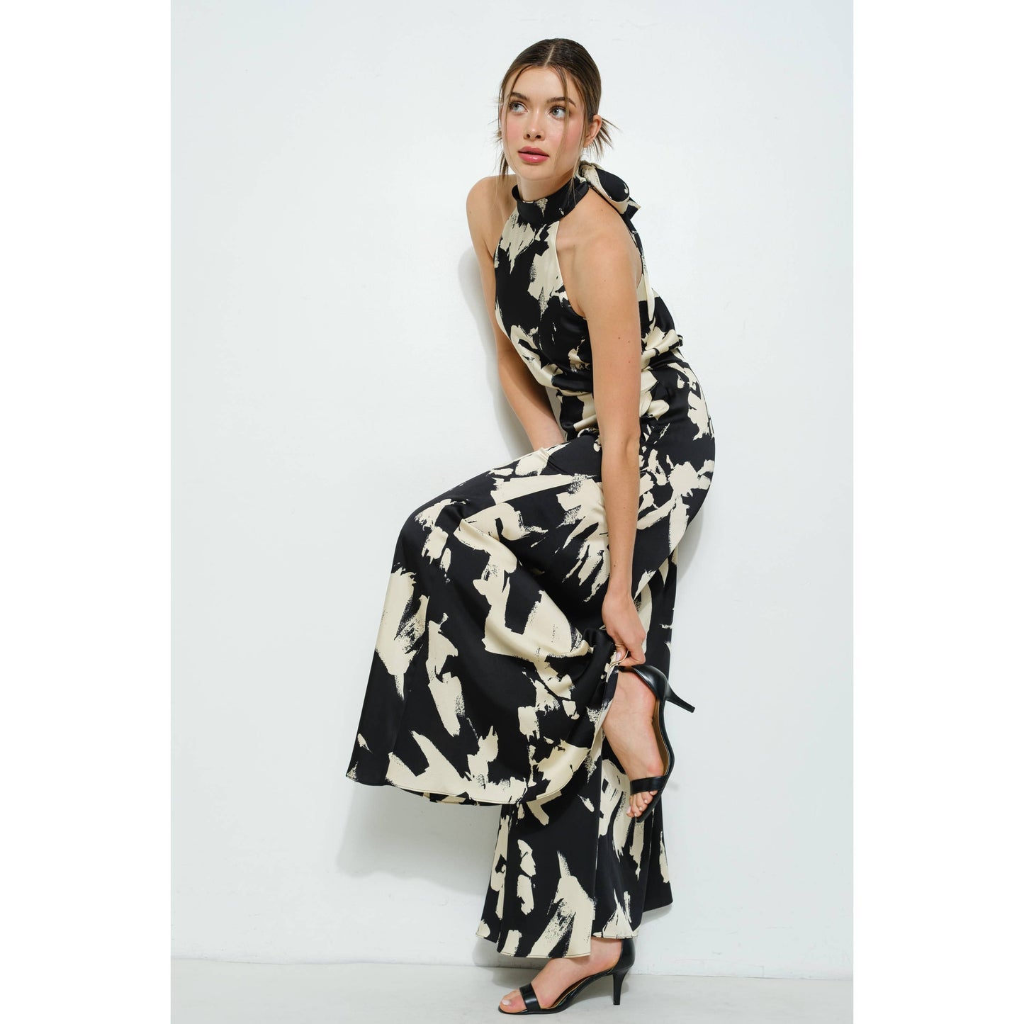 Abstract Print Halter Neck Wide-Leg Jumpsuit