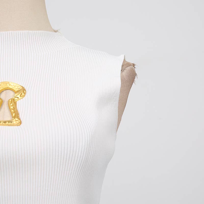 High Neck Sleeveless Vest with Keyhole Accent