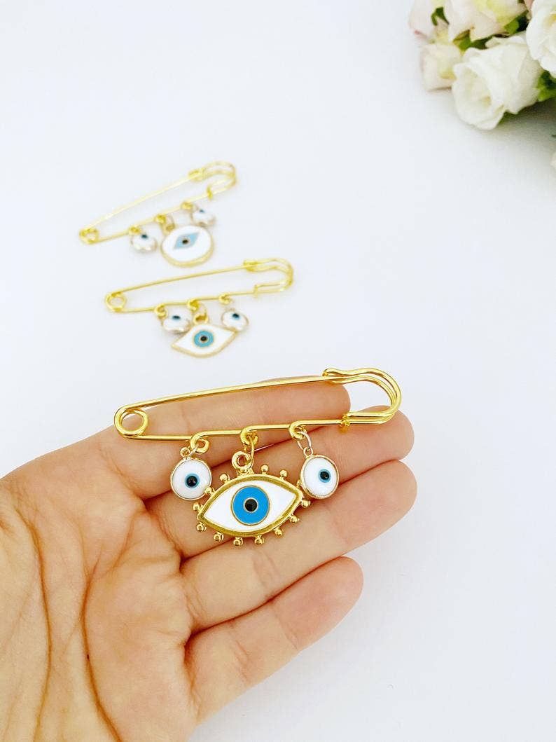 Evil Eye Handmade Safety Pin, Gold Safety Pin for Protection