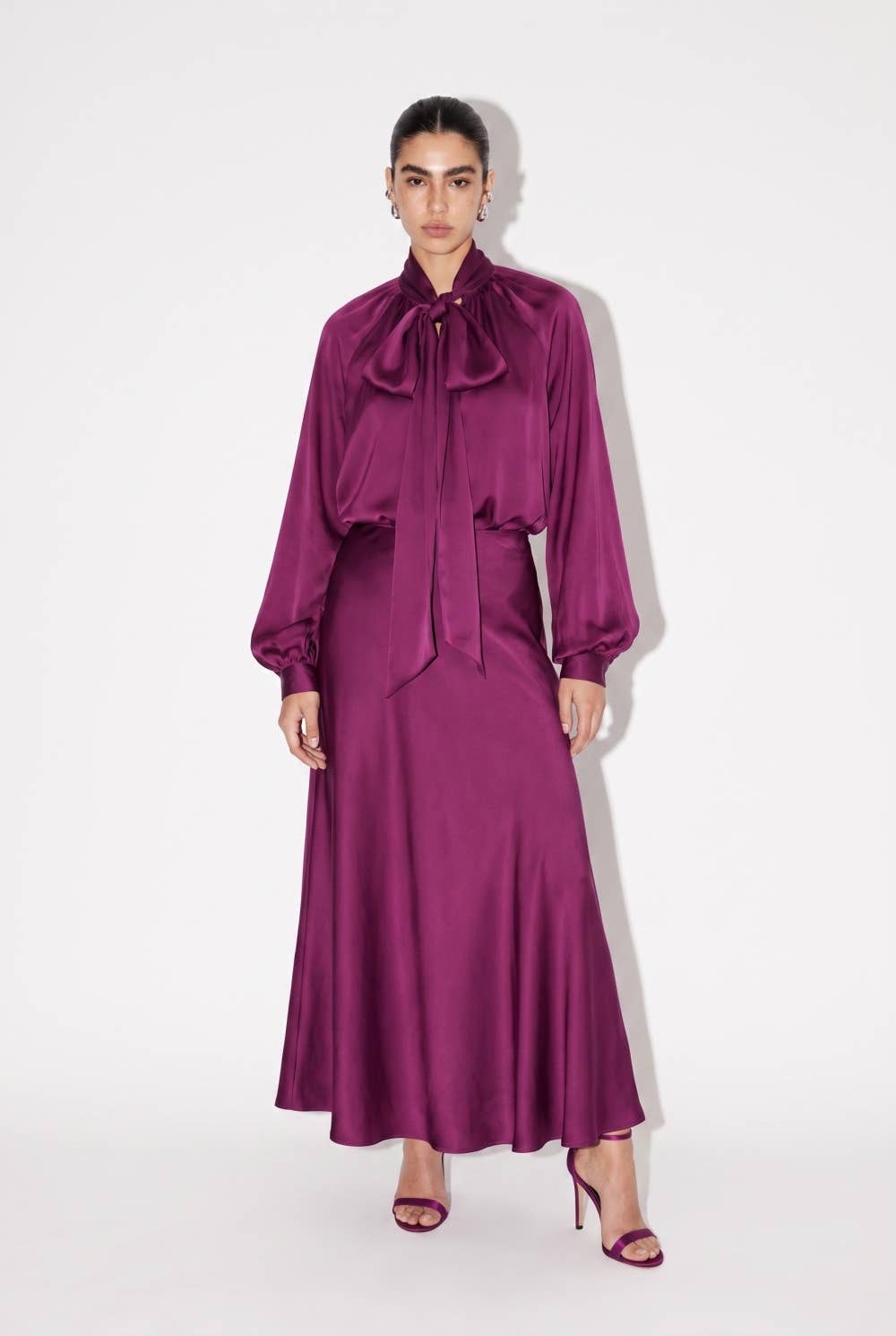 Satin Bow-Tie Blouse and Maxi Skirt Set