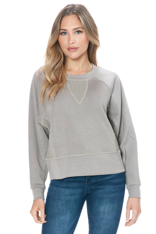 Long Sleeve Crew-Neck Mix Media Scuba Top