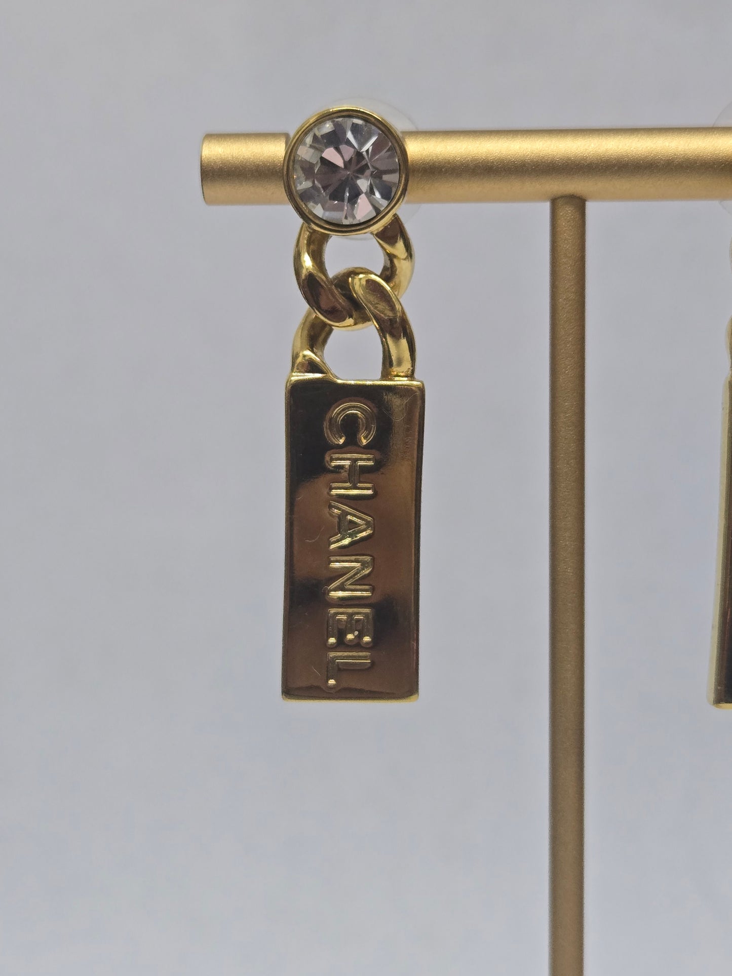 Chanel Strass Logo Tag Drop Earrings | Luxury Pre-owned