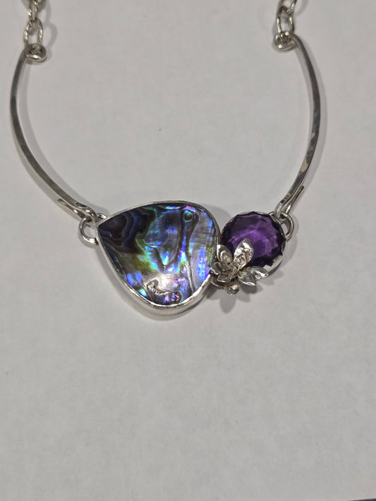 Abalone Shell Faceted Amethyst Sterling Silver Flower & Fine Silver Setting Necklace - No bracket