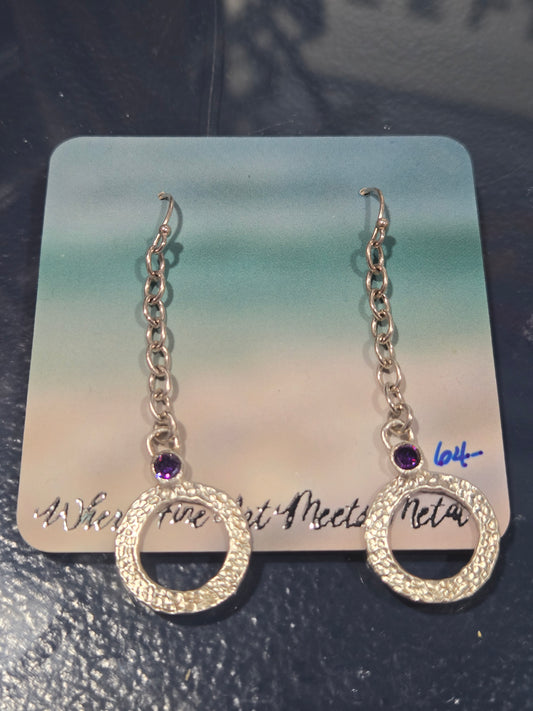 Jewel w Circle Detail Sterling Silver Earrings