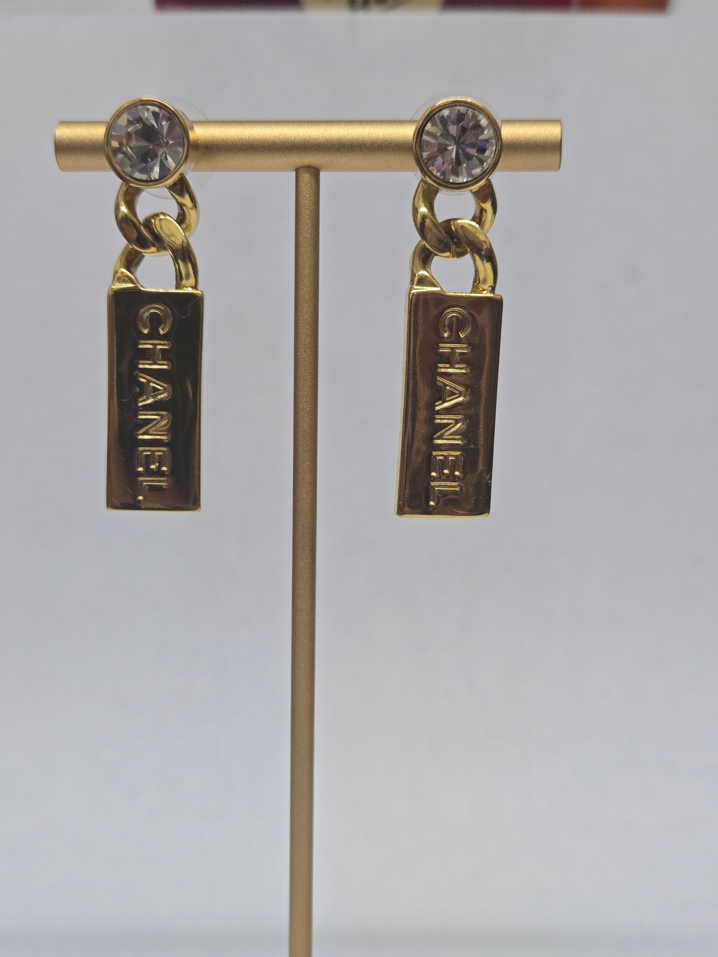 Chanel Strass Logo Tag Drop Earrings | Luxury Pre-owned