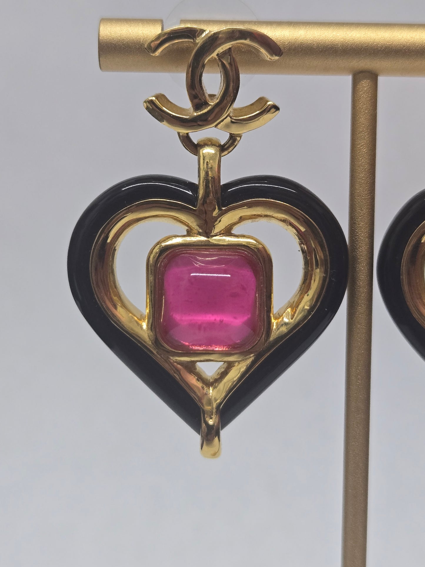 Chanel Black and Pink Heart Drop Earrings | Luxury Pre-owned