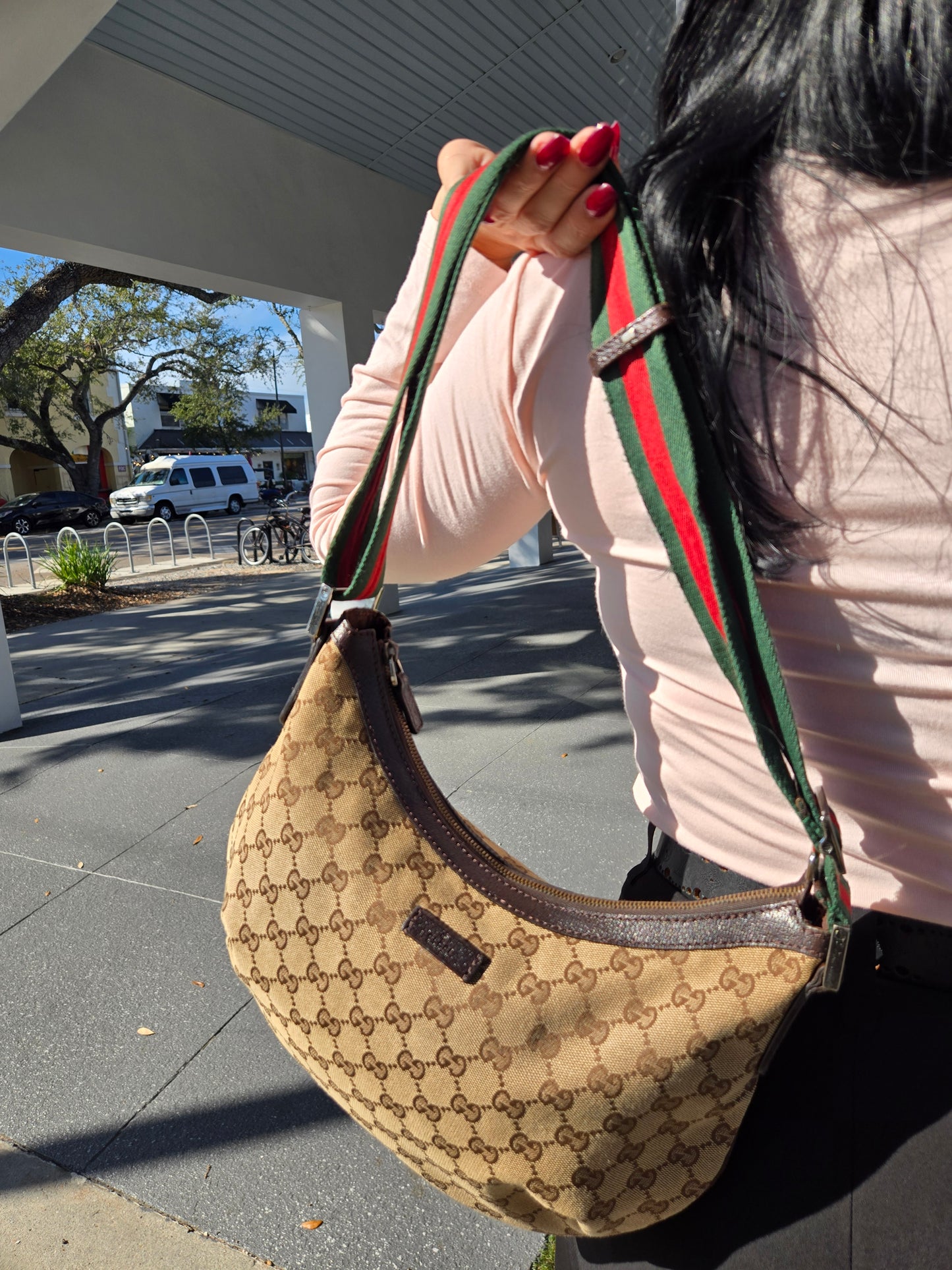 Gucci Monogram Web Half Moon Hobo Bag - Luxury Preowned