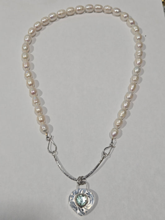 Christine Dee Natural Green Sapphire Sterling Silver Heart Pearl Necklace