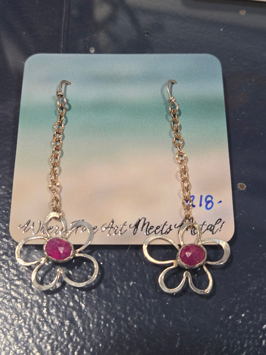 Ruby Flower Sterling Silver Earrings